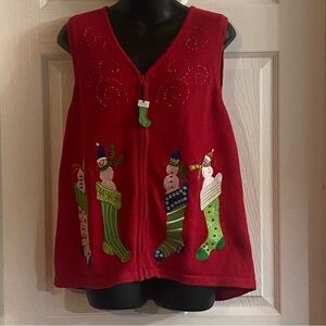 CDP & Co Red Knit Vest with Holiday Design Ugly Christmas sweater Elves stockin